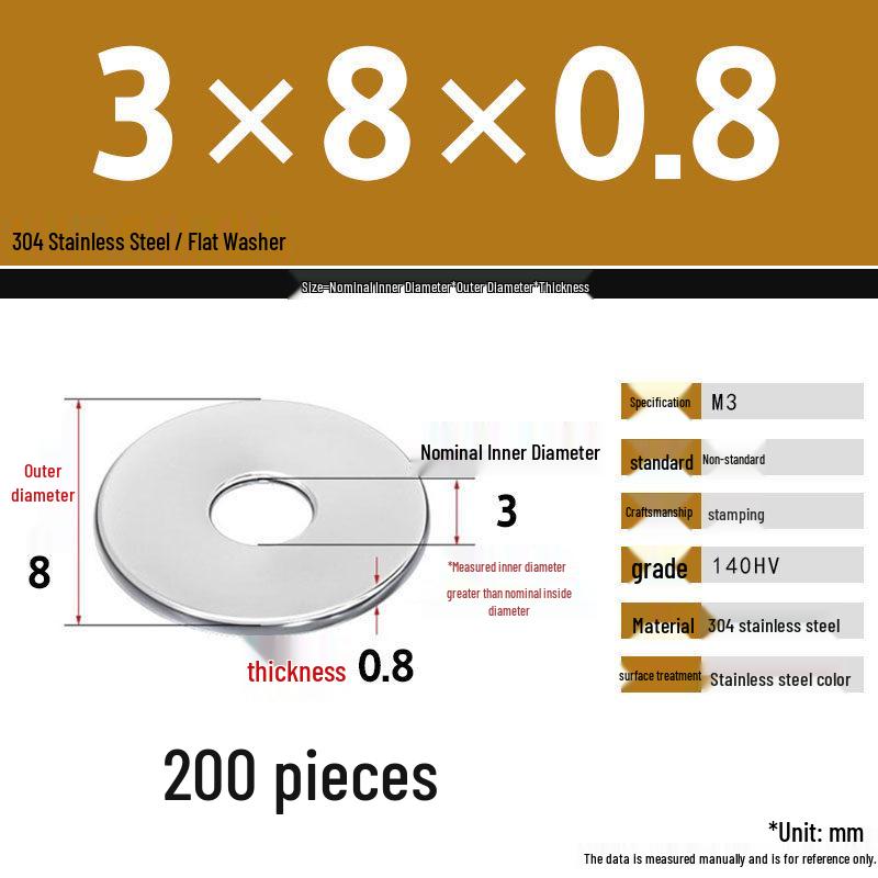 304 Stainless Steel Thickened Flat Washer Set, Sizes 2-36