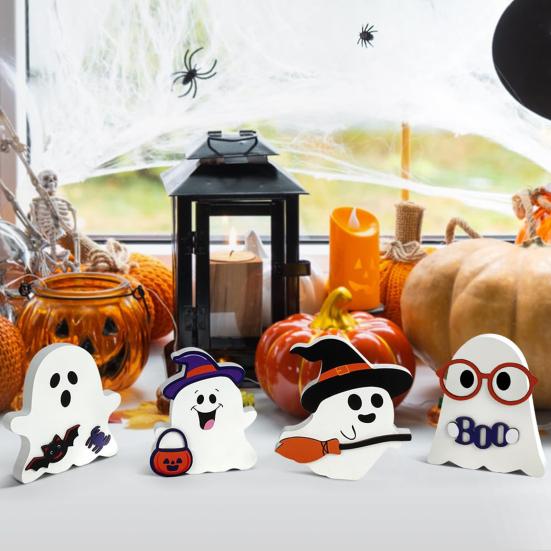 Cute Wooden Ghost Signs Halloween Indoor Tiered Tray Decor Ghost Theme Tabletop Centerpiece for Party Home Kitchen Shelf Decor