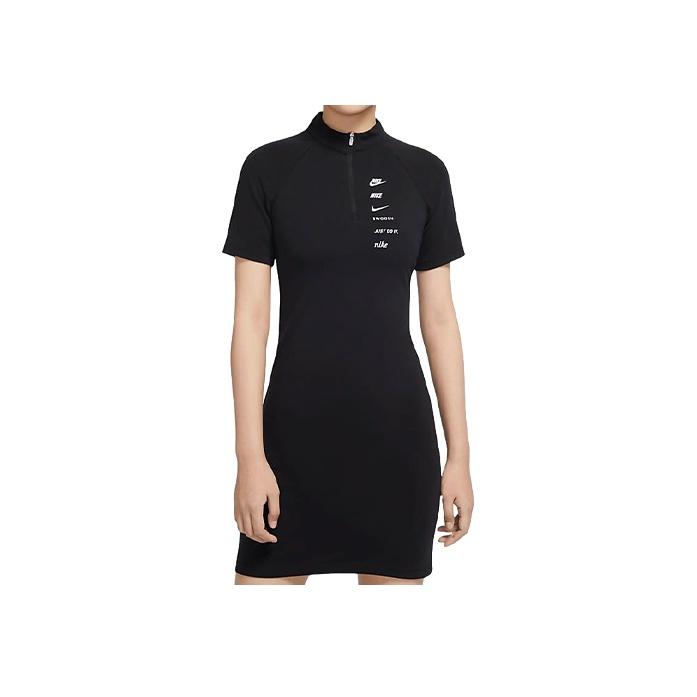 Nike Sportswear Swoosh Casual Long Dress Half Zip Athletic Slim Fit Short Sleeve Dress Women Dresses Black CU5675-011