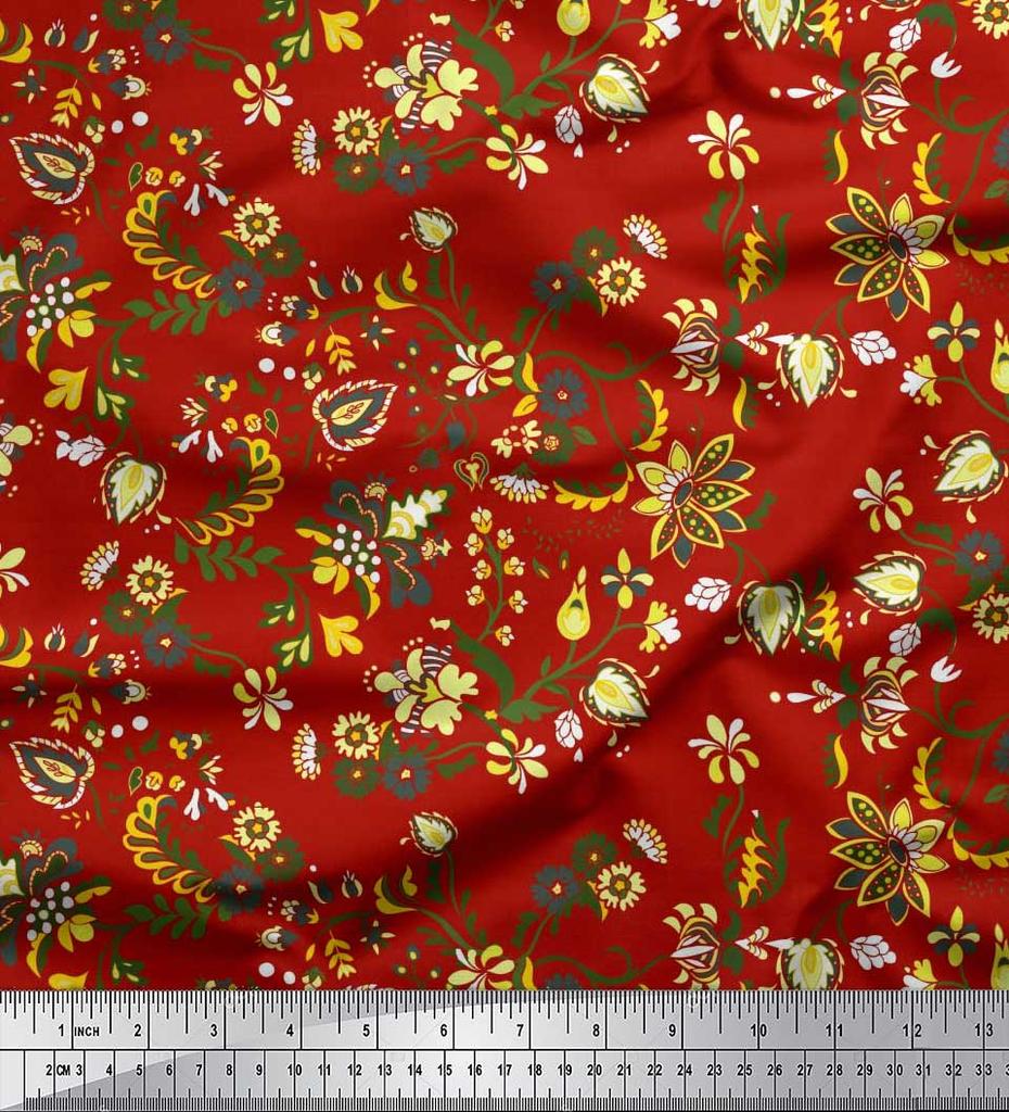 Soimoi Japan Crepe Satin Fabric Leaves & Floral Artistic Decor Fabric Printed Metre 42 Inch