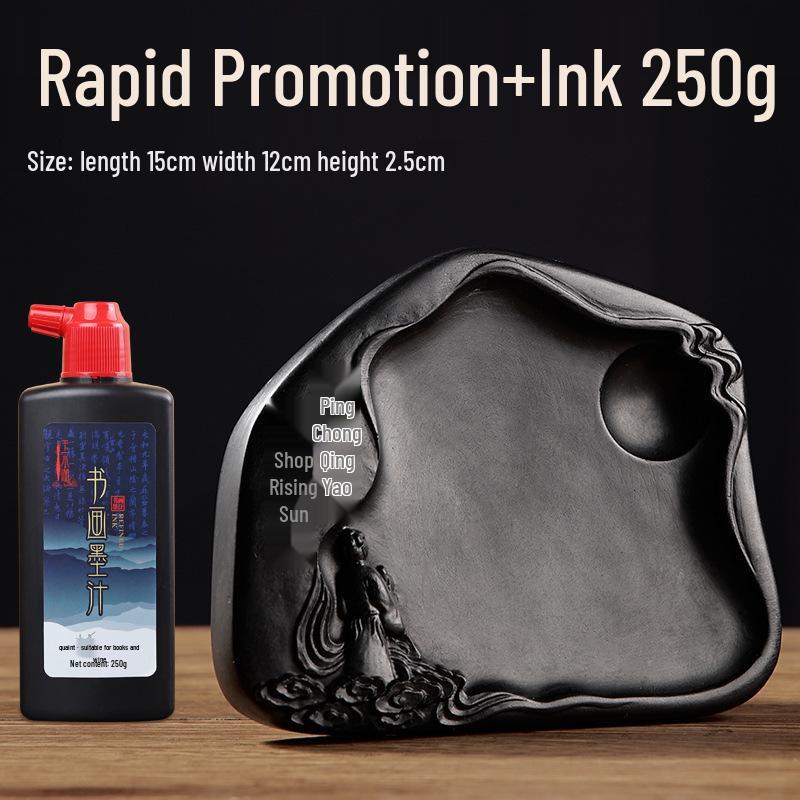 Chengni Inkstone Calligraphy Set: Natural Raw Stone Ink Stick, Duan & She Inkstones, Calligraphy Brush, and Ink Block for Grinding.