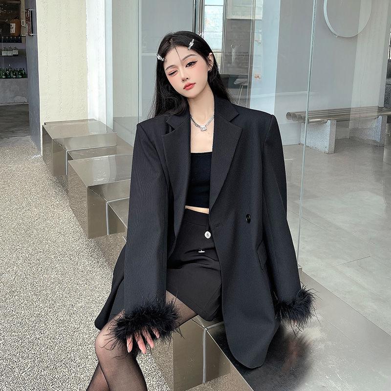 Premium Black Suit Jacket for Women, Sophisticated Long Loose Fit Blazer with Casual Style for Autumn