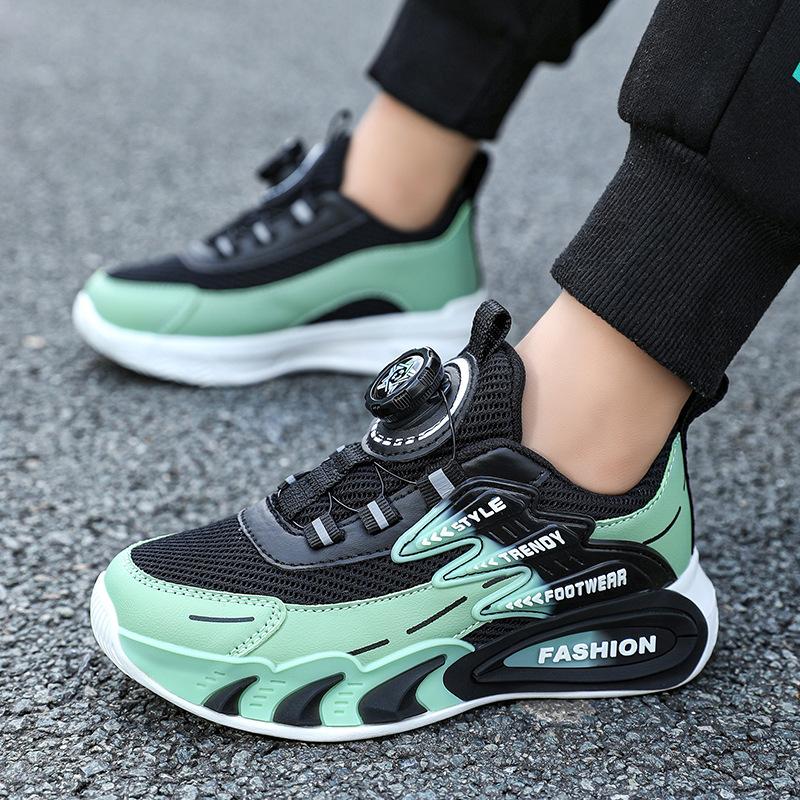 Foreign Trade Children's Sports Shoes Spring and Autumn New Mesh Leather Boys Lightweight Running Shoes Rotating Buckle Primary School Sneakers