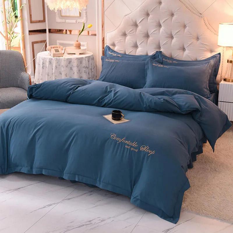 4pcs/set European-style Simple and Modern Solid Color Embroidered Quilt Bedding Bed Skirt Set Bedding Set Comfortable Soft Four-piece Set