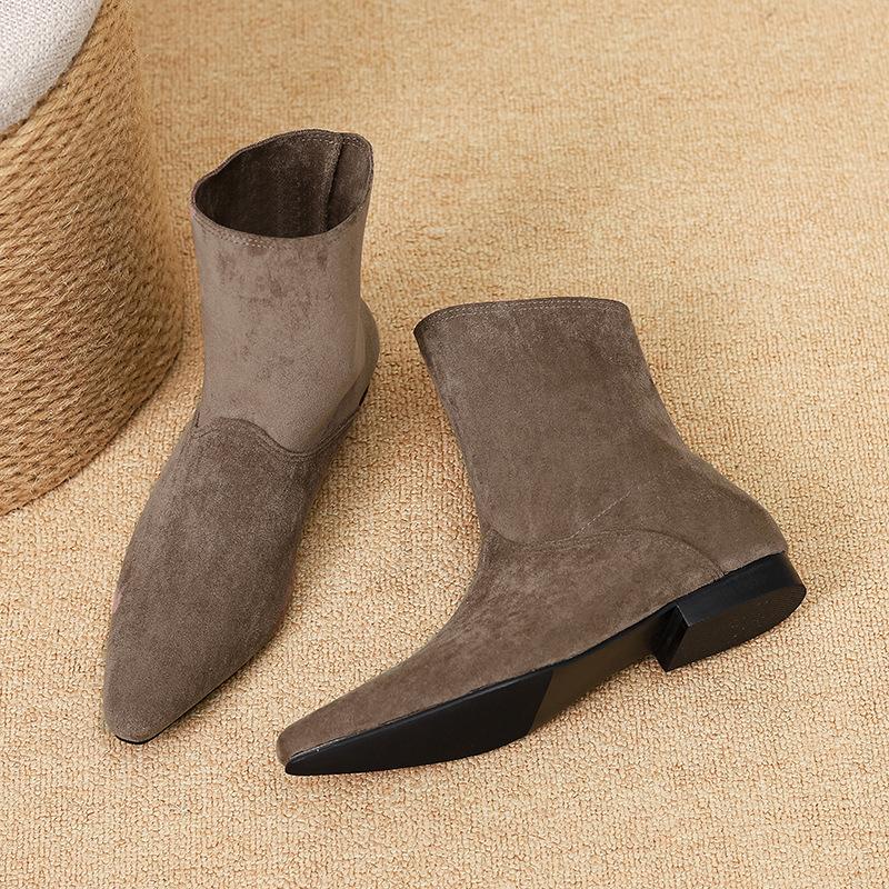 

881-1 Huiliya остроносые короткие ботинки женская обувь осень-зима 2025 новые замшевые тонкие на байке ботинки челси 40 серый