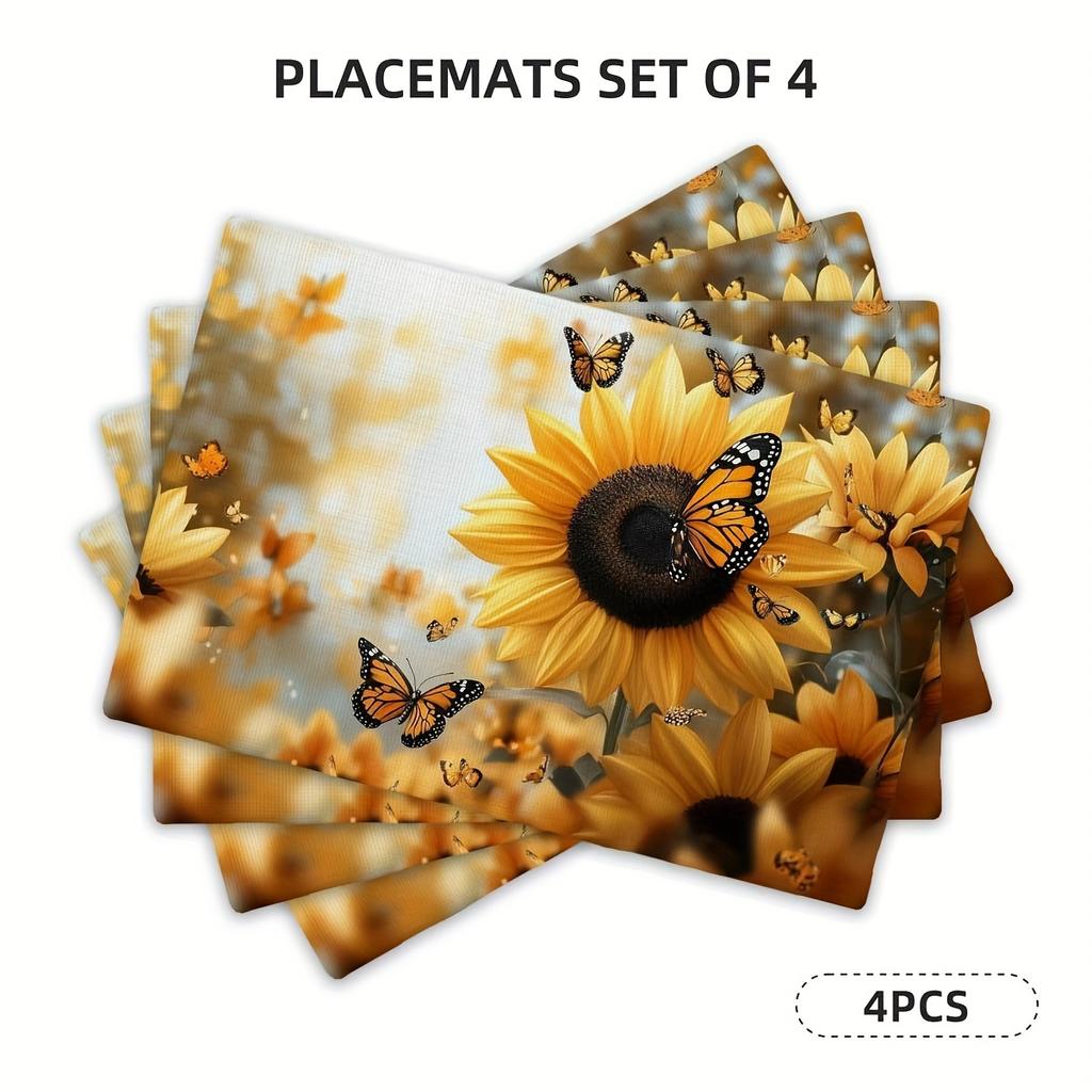 4er Set Sonnenblumen- und Schmetterlingsmuster Tischsets 12x18 Zoll, Geeignet für Küchen- und Esszimmerdekoration, Heimdekoration, Dekoration für den Familientisch, Party