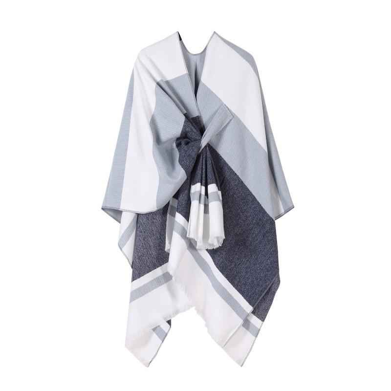Womens Knitted Faux Cashmere Shawl Wrap With Contrast Stripe Trim Unisex Lightweight Warm Scarf Fall Winter