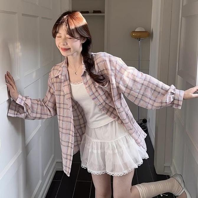 Korean Pink Plaid Shirt for Women, New Spring and Autumn Design, Niche Design Long-sleeve Top, Loose Casual Outerwear Shirt