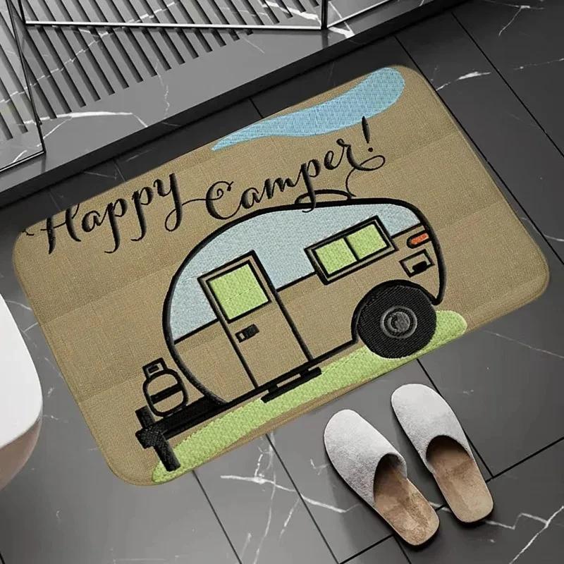 Glückliche Camper Willkommen Fußmatte Bodendekoration Teppich Rutschfest Leicht zu Reinigen Bereichsteppich Wohnzimmer Homeoffice Waschbare Fußmatten