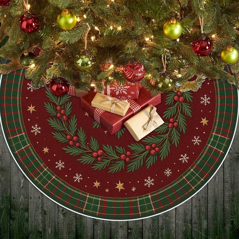 VIKAMA Christmas Tree Skirt Plaid Holly Berry Print Round Xmas Tree Mat Vintage Farmhouse Christmas Indoor Home Party Decor Rug