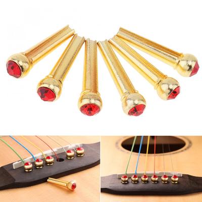 6pcs Pure Copper Brass Bridge Pins with Red Crystal Head Strings Nail Pegs Set for Acoustic Guitar