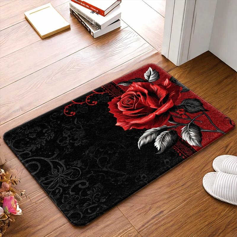 1pc Vintage Red Rose Non-Slip Floor Mat | Flannel Material, Durable &, Machine-Washable, Suitable For Living Room, Bedroom, Office, Bathroom