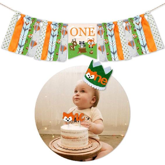 Woodland Animal 1st Birthday Decoration,Woodland Creatures High Chair Banner Baby First Birthday Crown Fox ONE Cake Toppers for Wild One Birthday