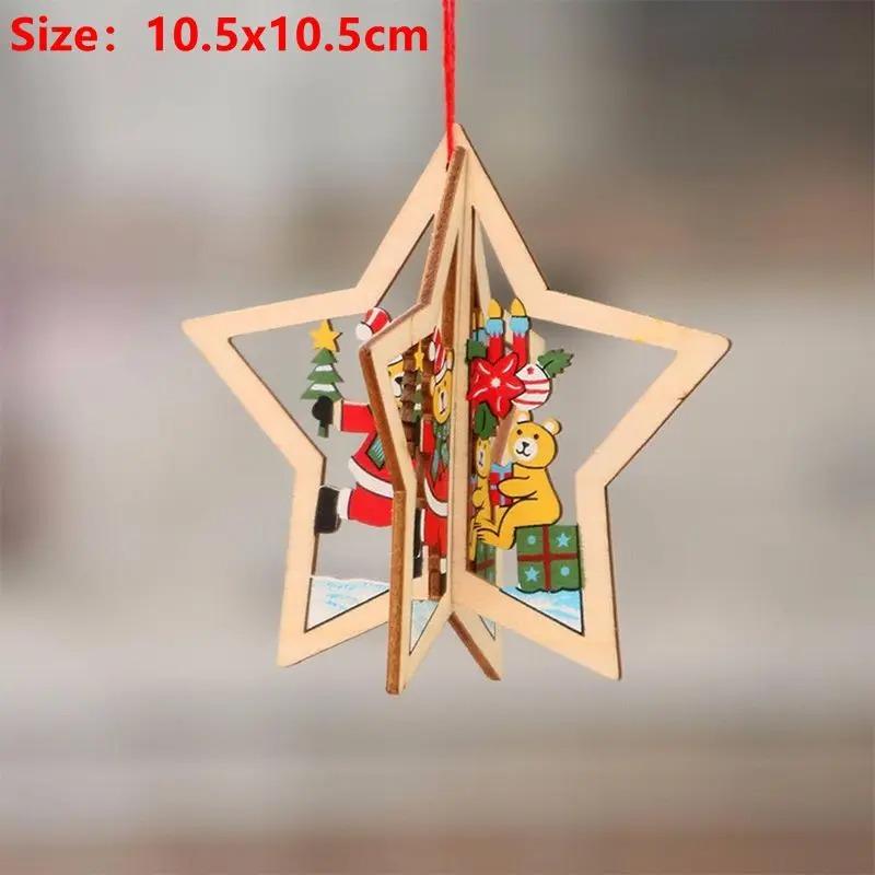 10CM 3D Wooden Five-Pointed Star Bell Pendant Christmas Tree Hanging Decoration for Home Decor Party Happy New Year 2026 Navidad