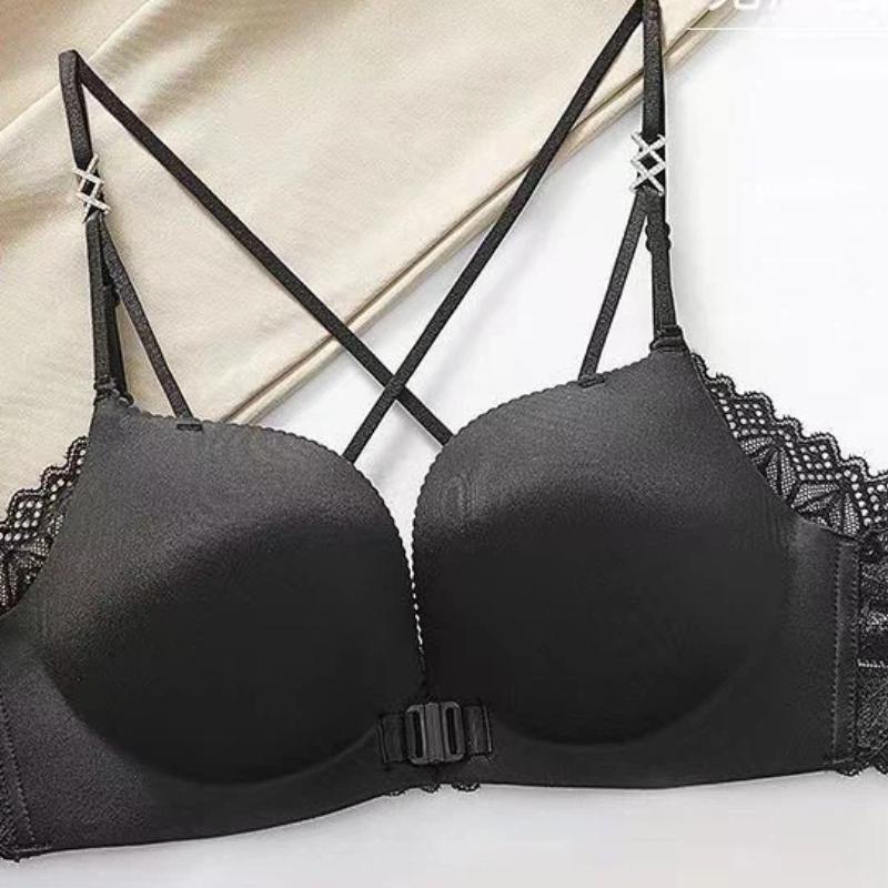 Black Wireless Push-Up Bra with Front Closure and Crisscross Lace Back