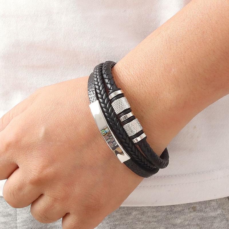 Herrarmband i flätat läder, flerskiktad design med texturerade legeringsdetaljer, Streetwear-manschettarmband, Ny trendig punkig, edgy stil