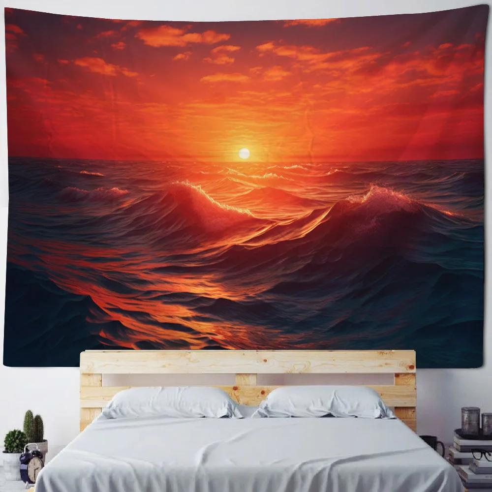 Bohemian Tapestry Wall Hanging, Hippie Wallpaper, Sea View Sunrise, Living Room Bedroom, Blanket, Bed Sheet, Beach Towel