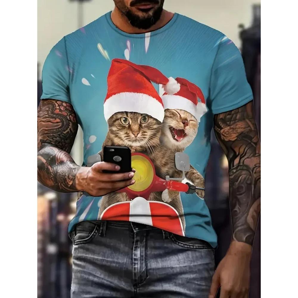 Summer Round Neck 3D Print Funny Cat Pattern Top Fashionable Casual Short Sleeved Men's T-shirts