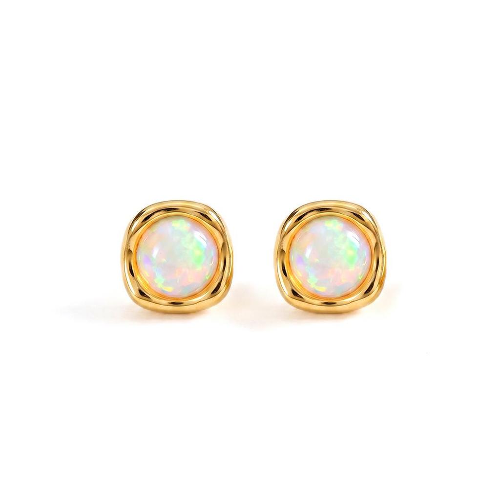 Original Design Synthetic Opal Stud Earrings for Women - 925 Sterling Silver, Gold Plated, Irregular High-End Feel