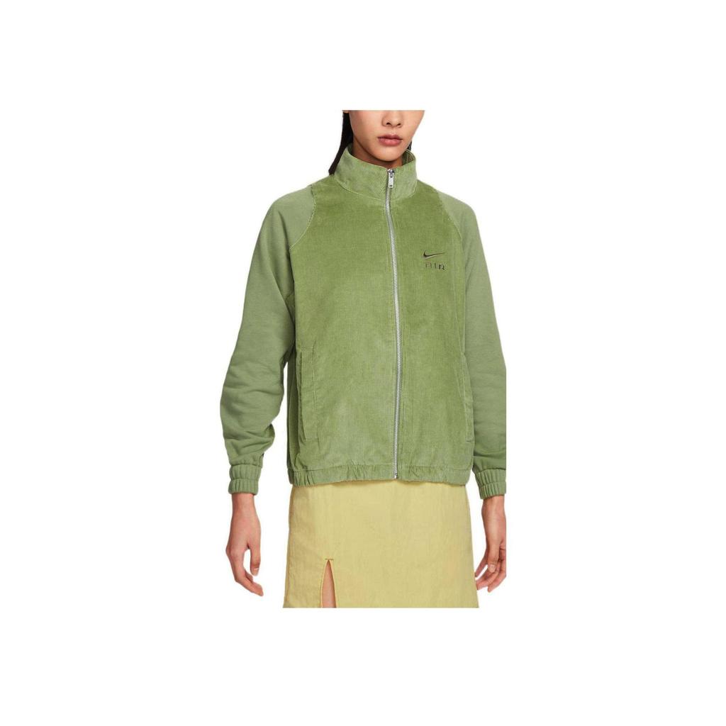 Nike Solid Color Logo Corduroy Full-Length Zipper Stand Collar Jacket Women jackets Green DQ6929-334