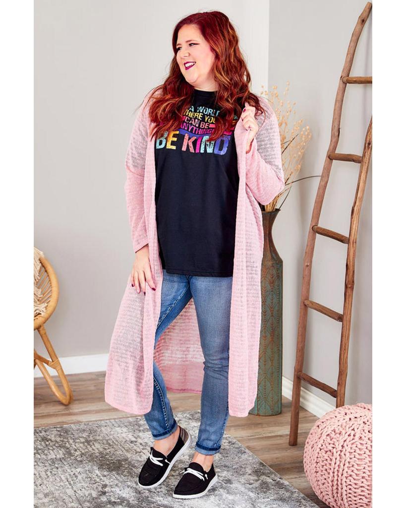 Azura Exchange Pink Sheer Knitted Long Side Slit Plus Size Cardigan