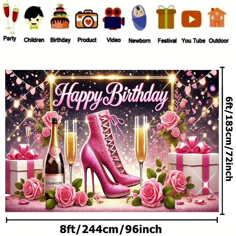 2D Pink Heel Birthday Photo Backdrop Women Party Decor Cloth