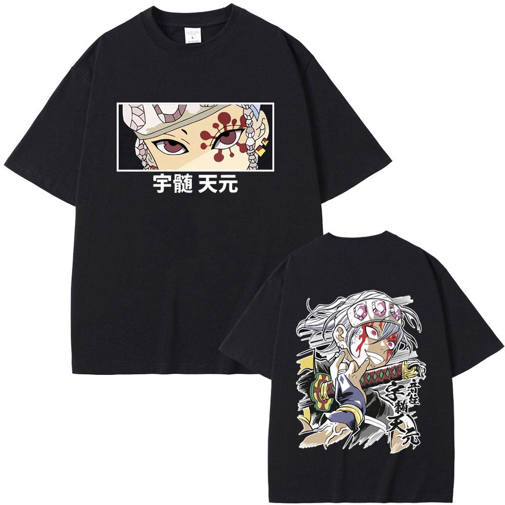 Anime Demon Slayer Uzui Tengen Double Sided Graphic Tshirt Men Women Casual Oversized Crewneck T-shirt Male Vintage Streetwear