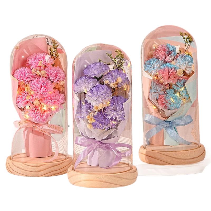 Soap Flower Carnation Glass Cover Bouquet Forever Bouquet Gypsy Dried Flowers Mother's Day Qixi Festival Valentine's Day Gift