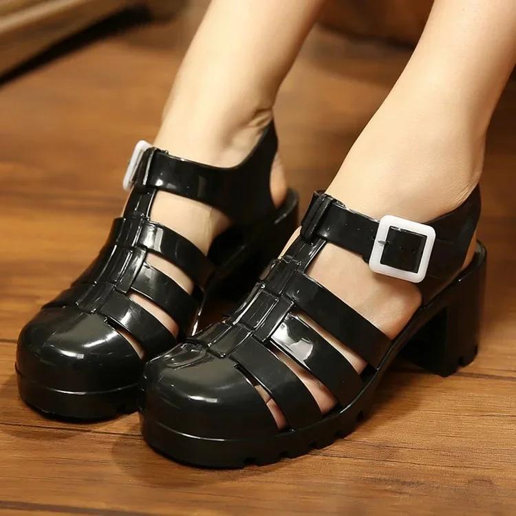 Korean Style Women's Summer Plastic High Heeled Anti-Slip Waterproof Rain Shoes Transparent Crystal Jelly Sandals Beach Shoes