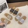 Women's Sandal Slippers Summer a Word with Rhinestone Hollowing Flat Bottom Drag Outside Wear Beach Shoes