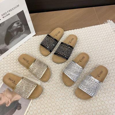 Women's Sandal Slippers Summer a Word with Rhinestone Hollowing Flat Bottom Drag Outside Wear Beach Shoes