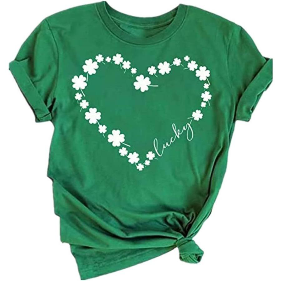 Women's Casual O Neck Heart Printed T-shirt O Neck Short Sleeve Cotton Tops