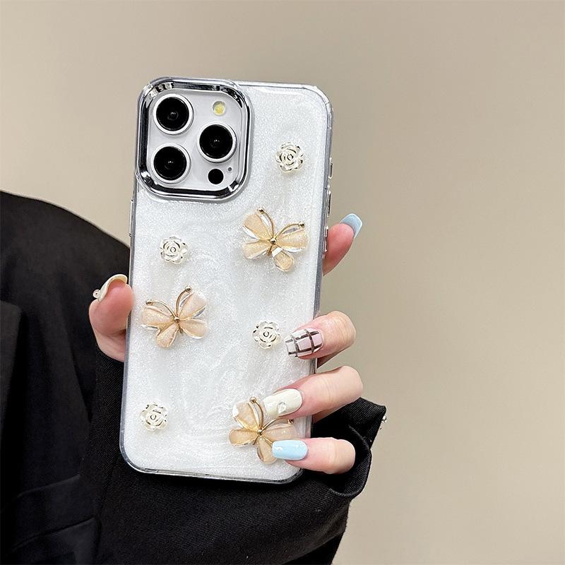 Butterfly Flower Glitter Mobile Phone Case For Iphone17Promax Epoxy Apple 14Plus Soft Case 16 Women'S Models