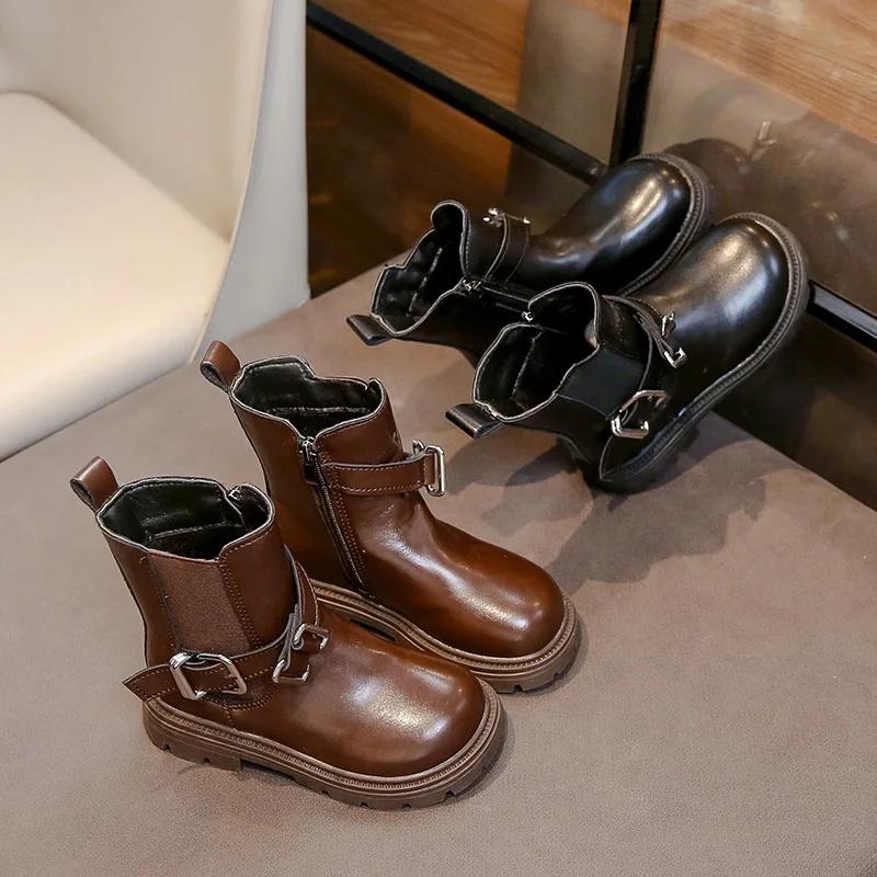 British Style Children's Boot Solid Color Round-toe Girls Platform Ankle Boots Side Zipper Winter Kids Fashion Cotton Boots New