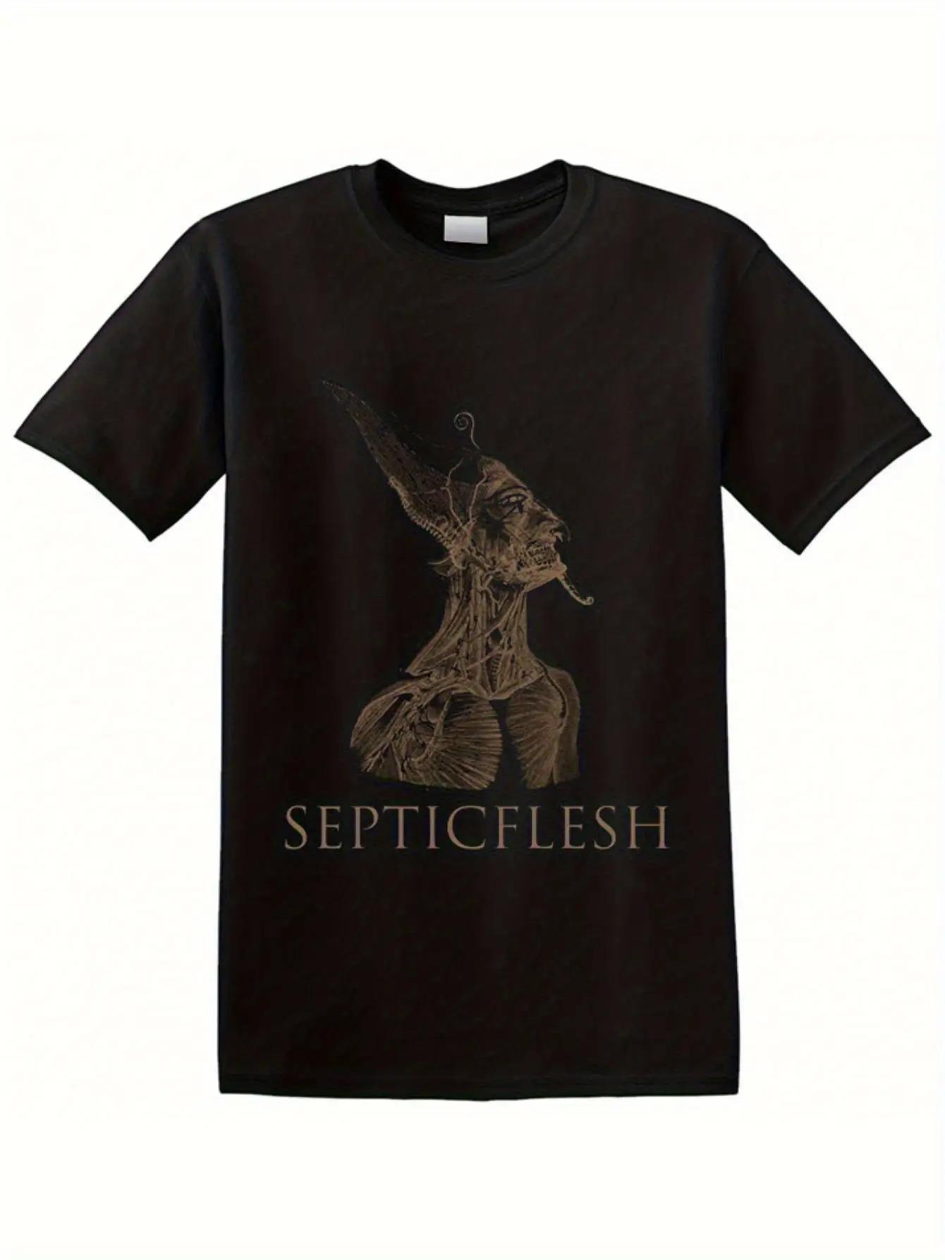 SEPTICFLESH Communion T-Shirt- Black Tropical Print Graphic Tee with Golden Artwork XXL