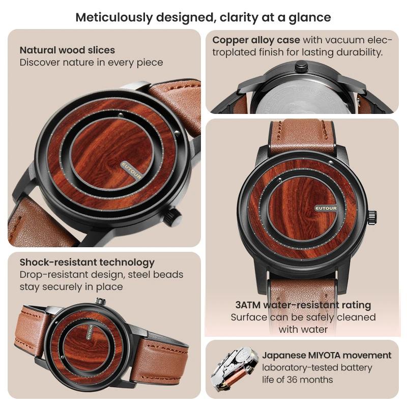 AUQ1 EUTOUR-Reloj Magnético de Bolas Unisex, Reloj con Elemento de Diseño de Madera, Correa de Cuero PU, Diseño Único de Agujas, Reloj Casual de Negocios