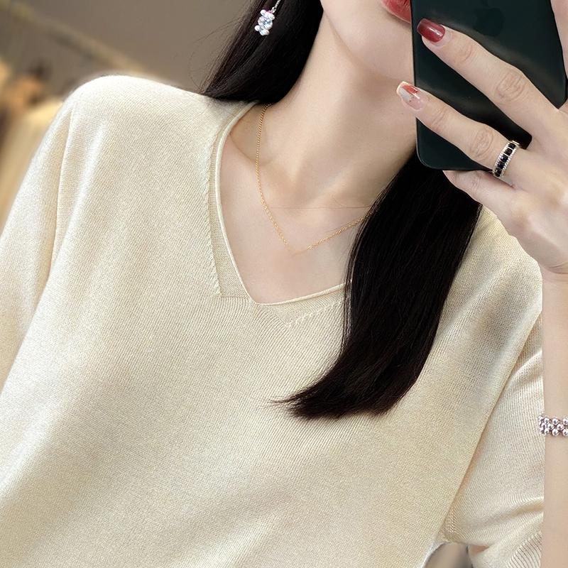 Camiseta de manga corta de verano para mujer, mezcla de 50 % seda morera y poliéster | Top informal ligero, transpirable y ajustado