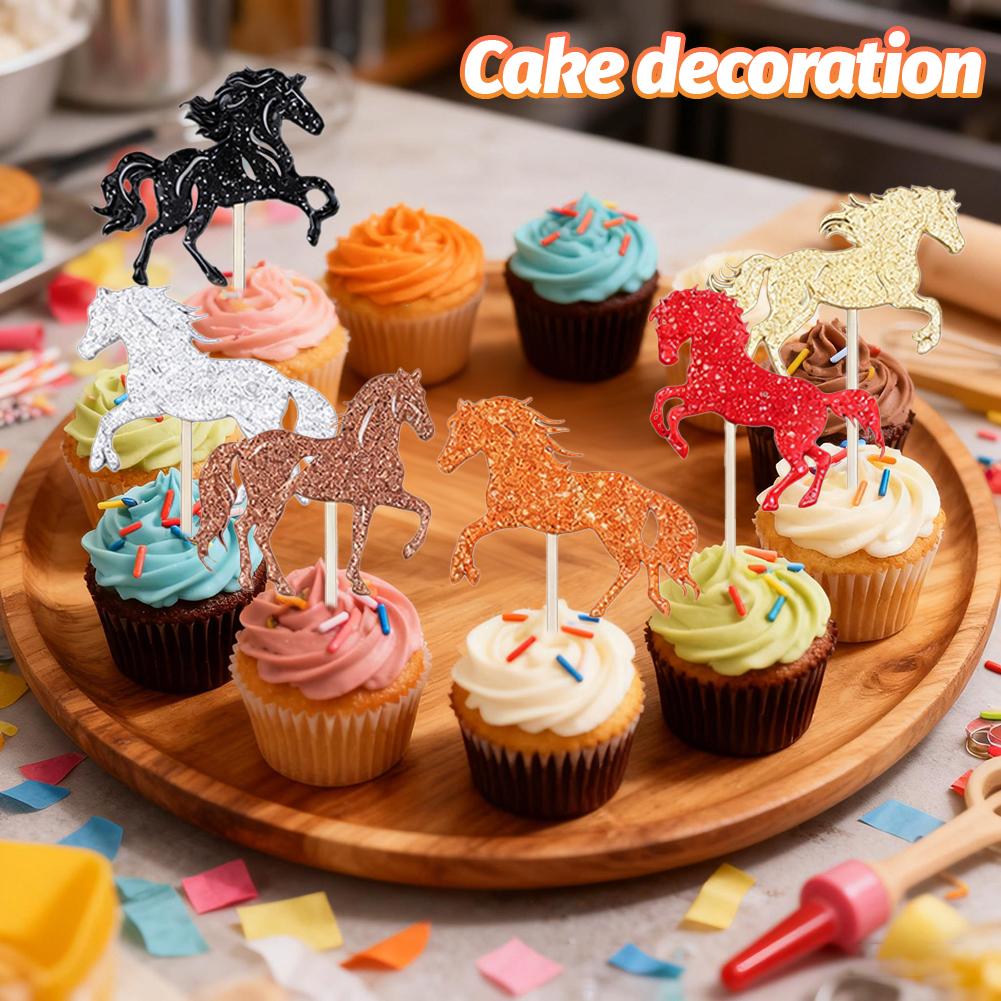 24/12pcs Glitter Horse Cupcake Toppers Horse Racing Cake Birthday Party Decorations Horse Party Birthday Wedding Supplies