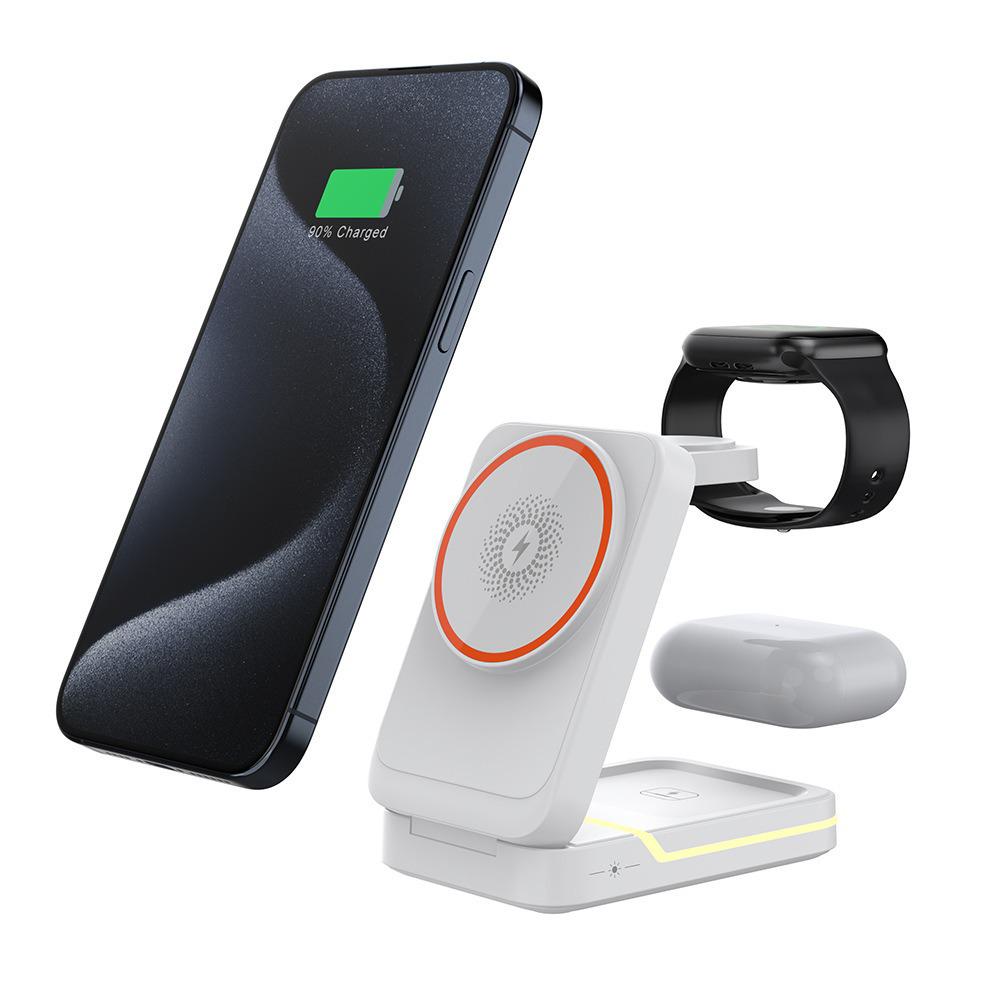 15W 3-in-1 Magnetic Wireless Charger Stand for Phone, Watch, Earbuds – Fast Charging, Portable, Foldable Desk Accessory