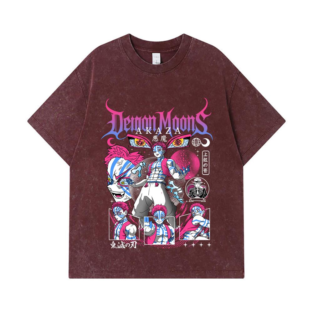 275 GSM Washed T-shirts 100% Cotton Demon Slayer V31 Akaza Print Unisex Heavy Cotton T Shirt