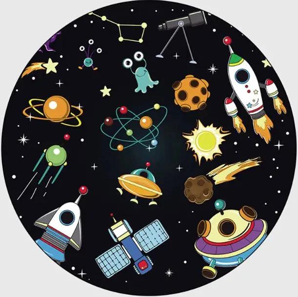 Kids Space Round Rug Collection Cartoon Planet Rocket Alien Pattern Educational Carpet For Children's Room Decor