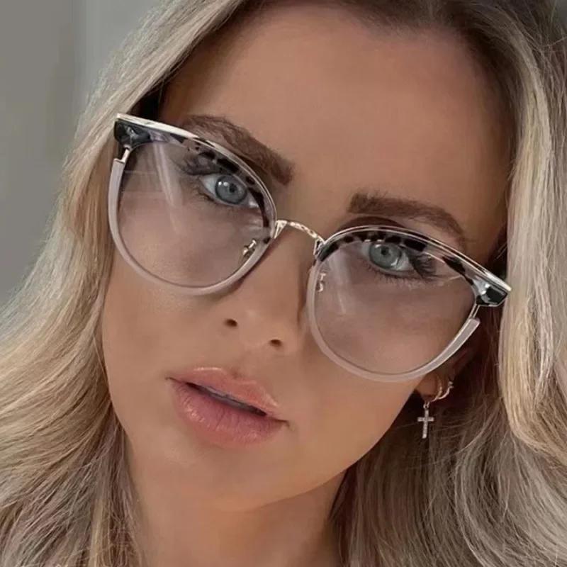 Retro Round Women Spring Hinge Glasses Frame Fashion Clear Anti Blue Light Eyewear Men Cat Eye Optical Leopard Frame