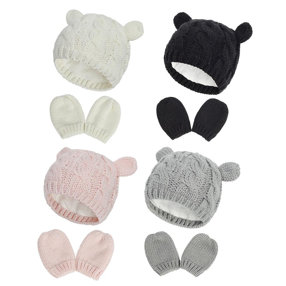 Winter Warme Strickmütze Handschuhe Set Baumwolle Baby Neugeborene Beanie Mütze für Mädchen Jungen Cartoon Ohren Kleinkind Mütze Säugling Bonnet 0-18M