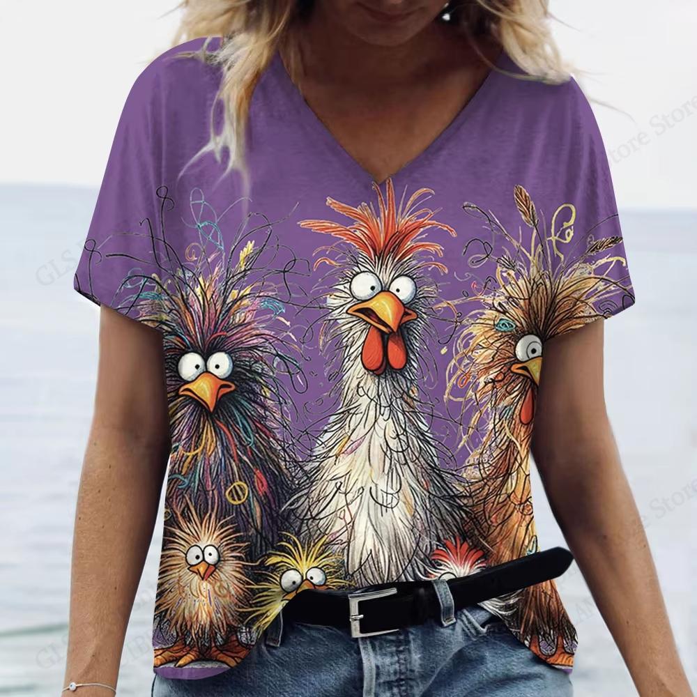 

Летняя Новая Женская Футболка Забавный Животный Цыпленок 3D Принт Модная V-образный вырез Короткий рукав Оверсайз Топ Футболка Одежда XXXL