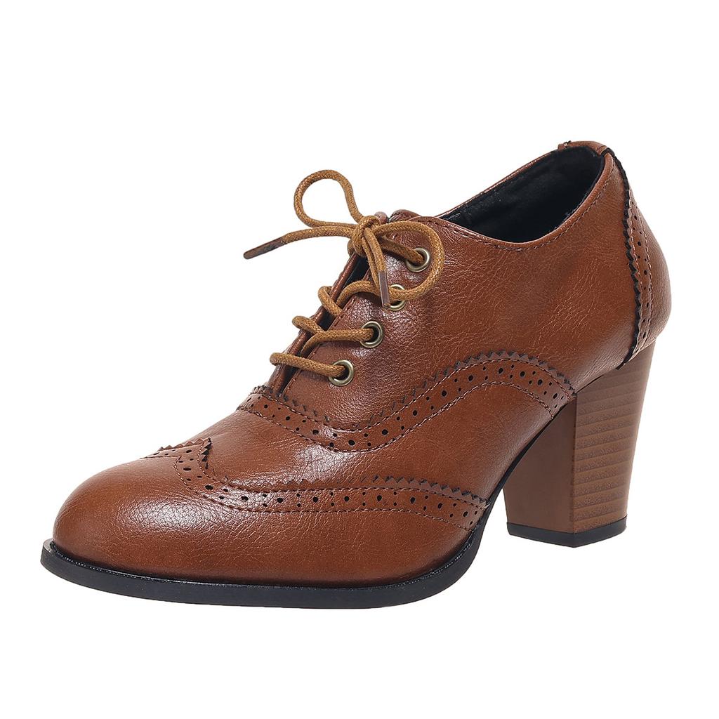 Britské dámské kotníkové boty Oxfords Vysoké blokové podpatky Lodičky Hnědá kůže Kulatá špička Společenské Kancelářské Dámské Šněrovací Vintage Boty