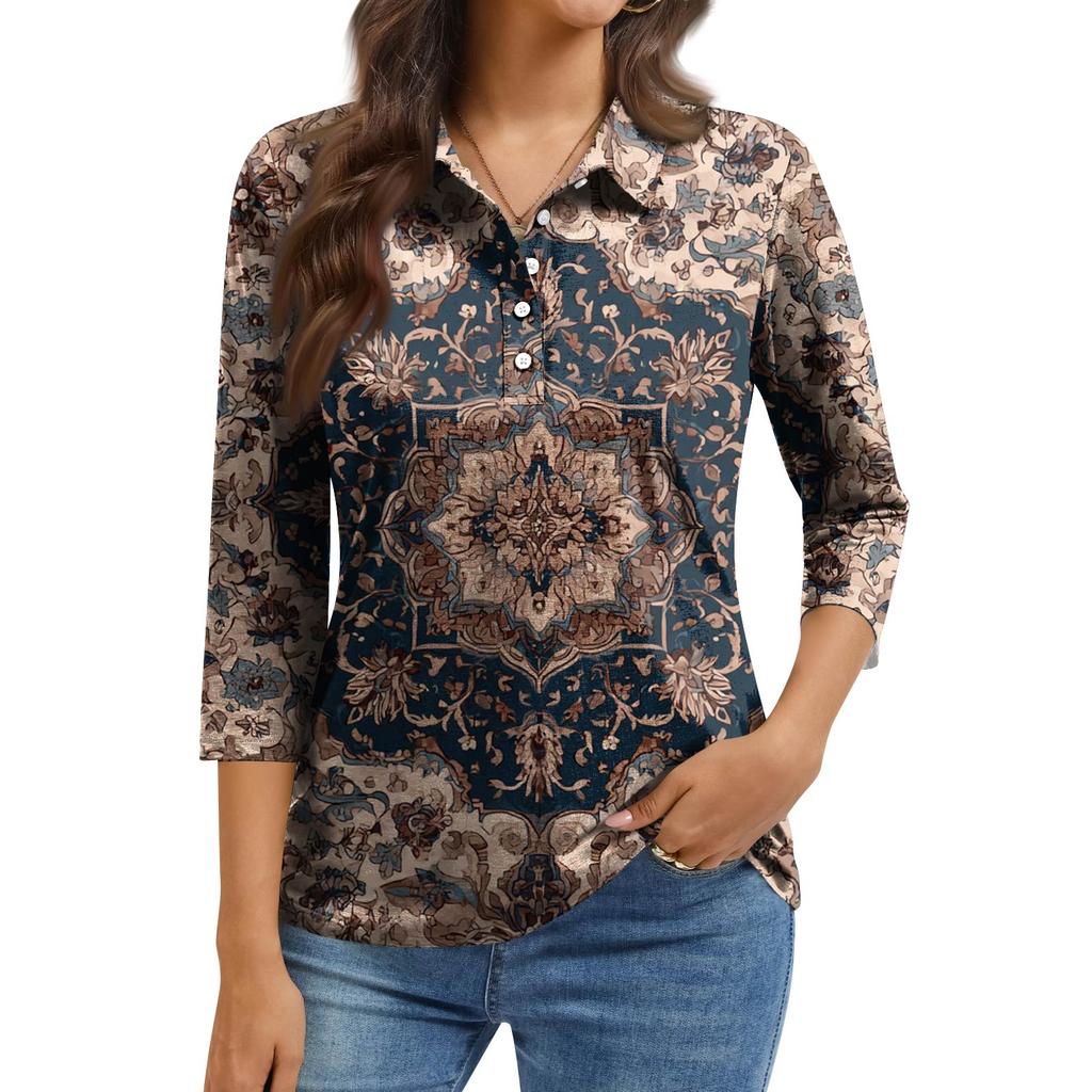 Women's Fashion Casual Lapel Short 3/4 Sleeve Print Shirt Women's Button Up Tops