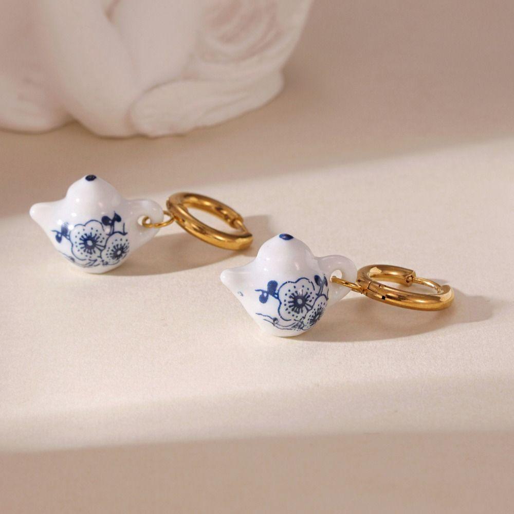 Chinese Style Blue and White Porcelain Earrings Dripping Oil Gold Enamel Hoop Earrings  Girls