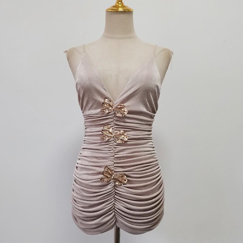 Celebrity Style Banquet Suspender Tube Top Pleated Design Champagne Skirt Dress Set Women