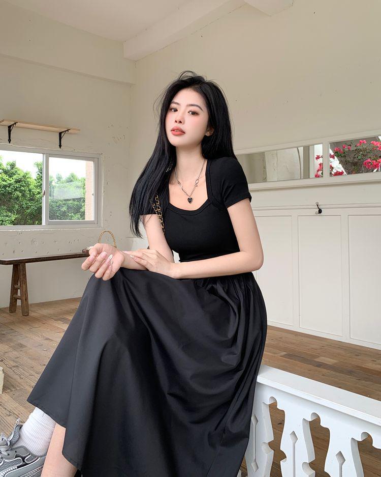 Hepburn Style Square Neck Black Slimming Spliced Dress