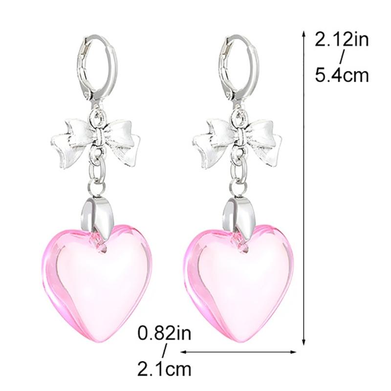 Sweet Cool Bowknot Earings Glass Love Heart Dangle Earrings Pendant Ear Rings Jewelry Punk Accessory for Women and Girls